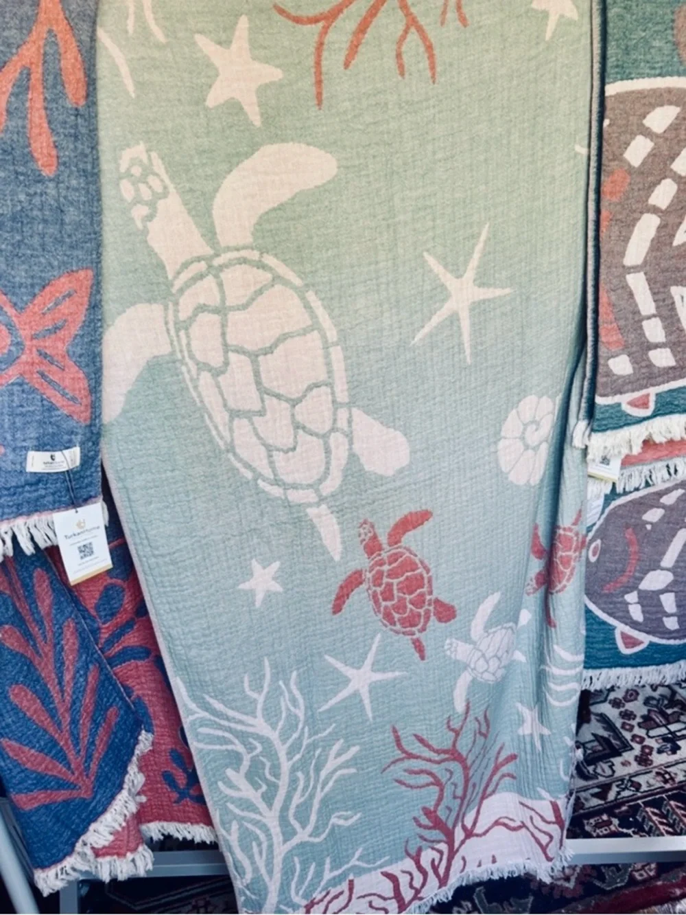 Woven Coastal Turtle 2 Side 100% Cotton Beach Towel Green + Coral NEW